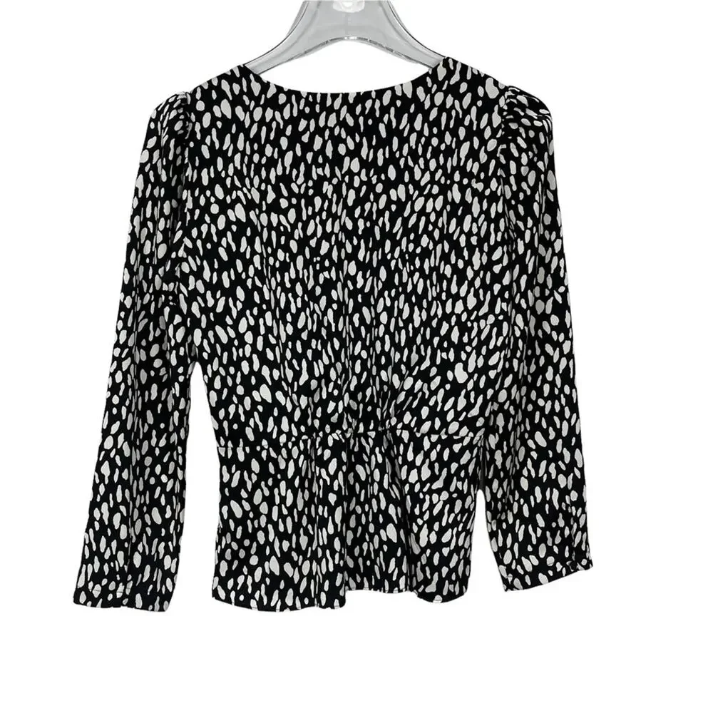 J. Crew Peplum Waist Satin Crepe Blouse Top Black White Print Size 2